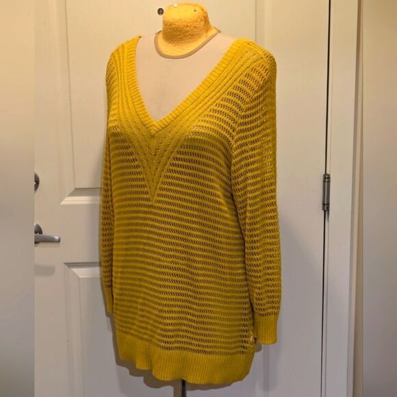 3/$30 EUC Addition Elle 2X Mustard Yellow Open Knit V-Neck and Back Long Sweater - Picture 6 of 9